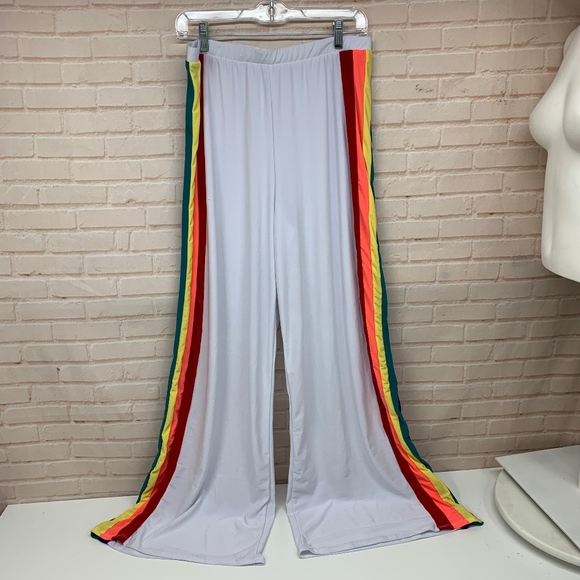 Fashion Nova Pants - White Flare Track Pants w/ Rainbow Striped Pride